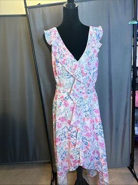 Emma & Michele Floral Pink and Blue High-Low Wrap Dress